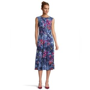 Ralph Lauren Women's Print Twist-Front Jersey Midi Dress 10 Navy Blue Cocktail